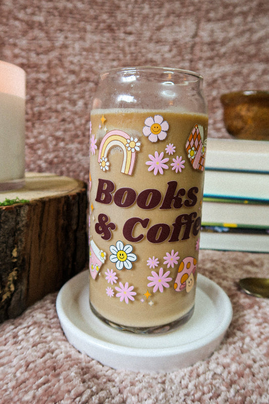 20 oz Glass Can "Books & Coffee"