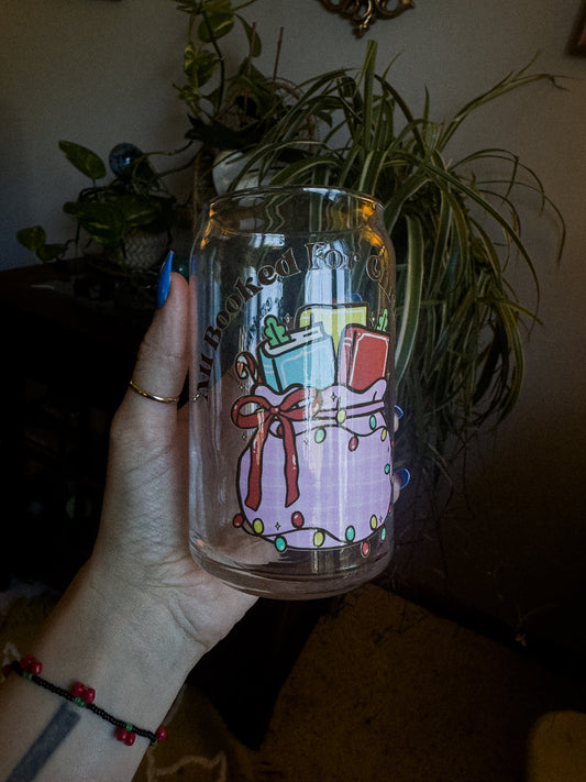 16 oz Glass Can "All Booked for Christmas" Pink Toy Sack