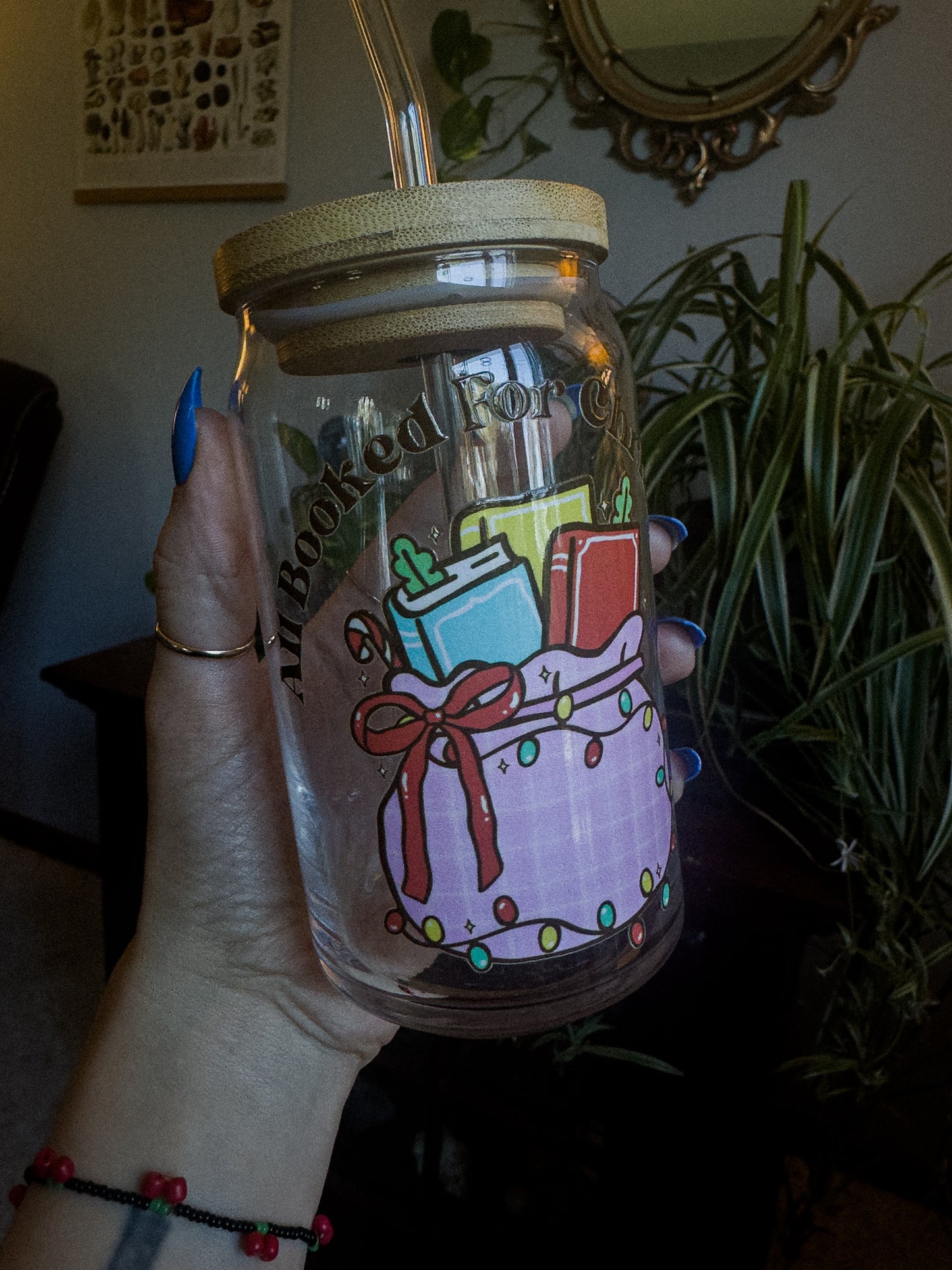 16 oz Glass Can "All Booked for Christmas" Pink Toy Sack