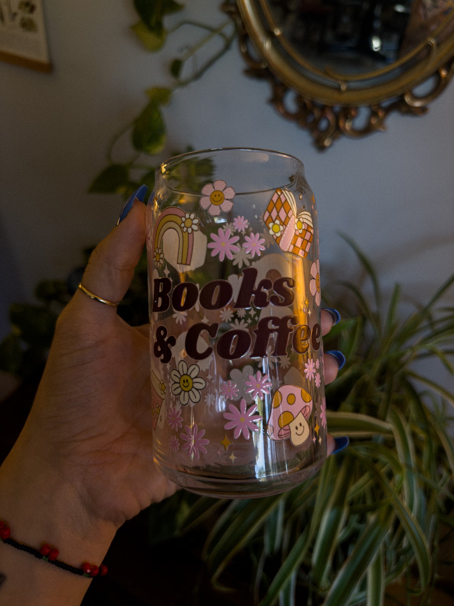 16 oz Glass Can "Books & Coffee"