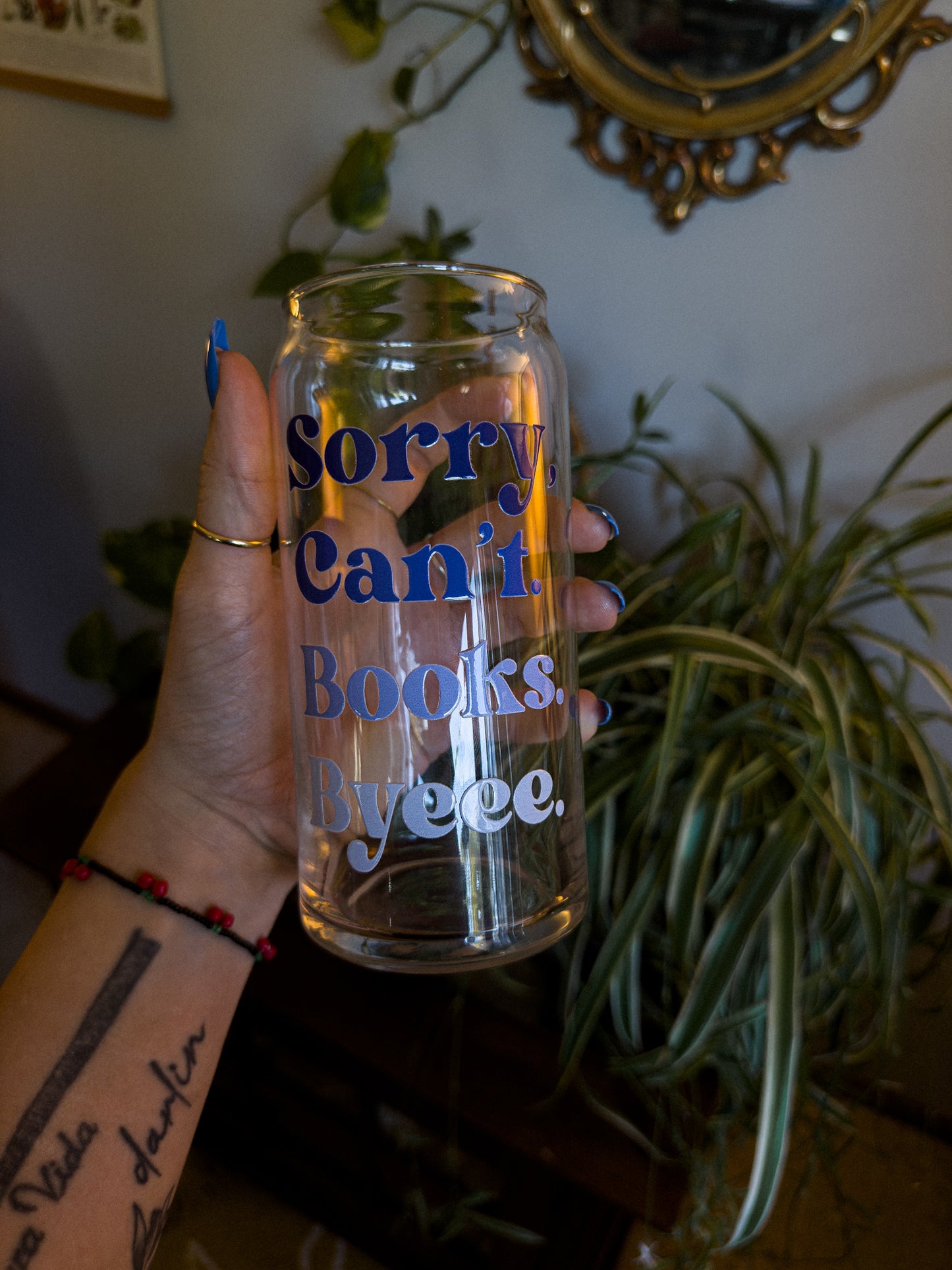 20 oz Glass Can BLUE "Sorry, can't. Books. Bye"