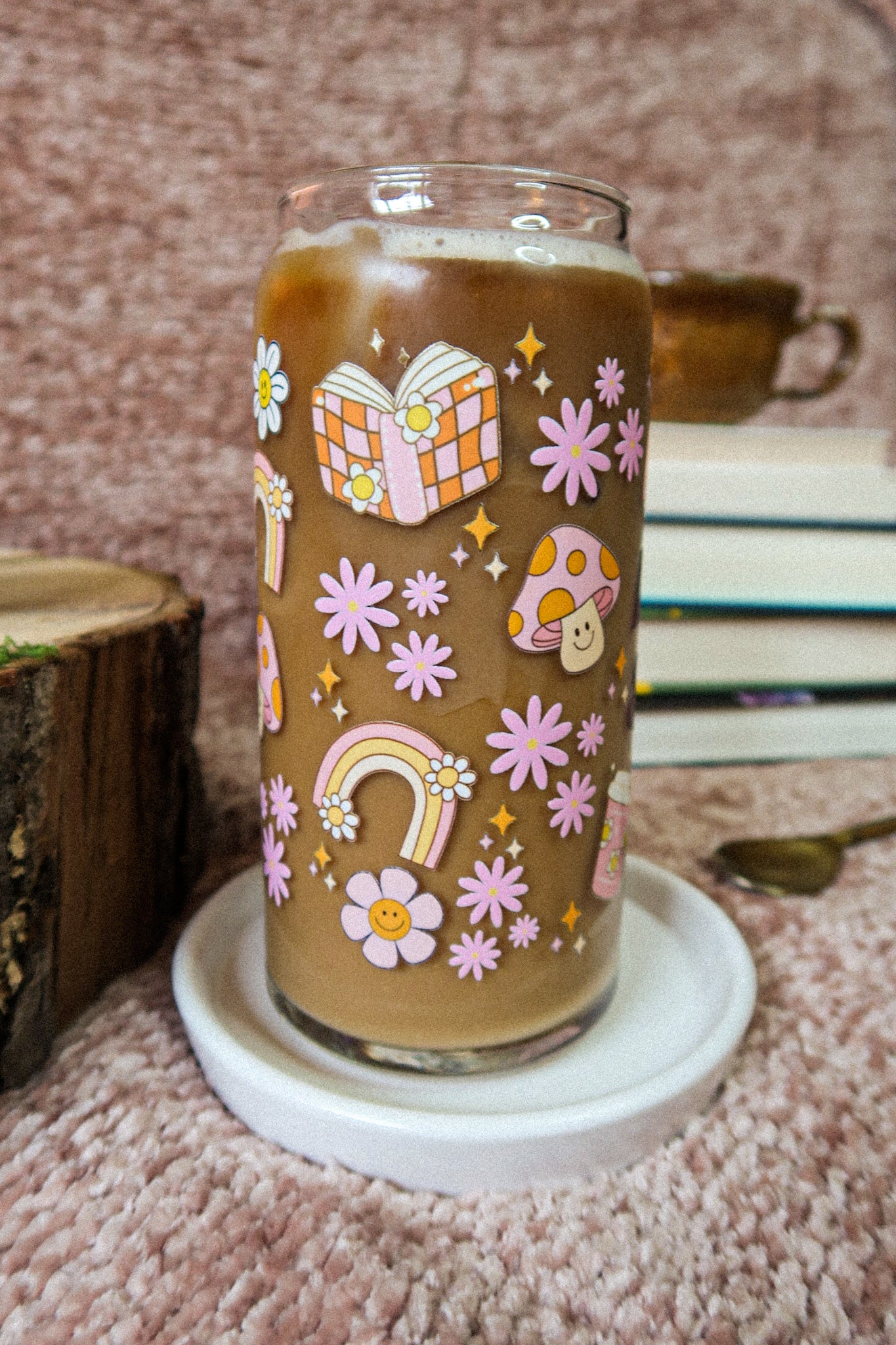 20 oz Glass Can "Books & Coffee"