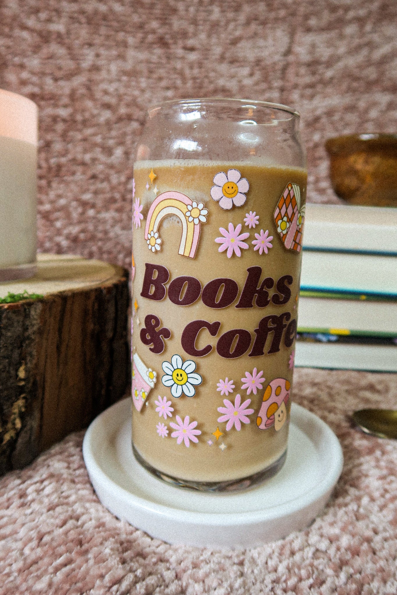 20 oz Glass Can "Books & Coffee"
