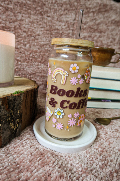 20 oz Glass Can "Books & Coffee"