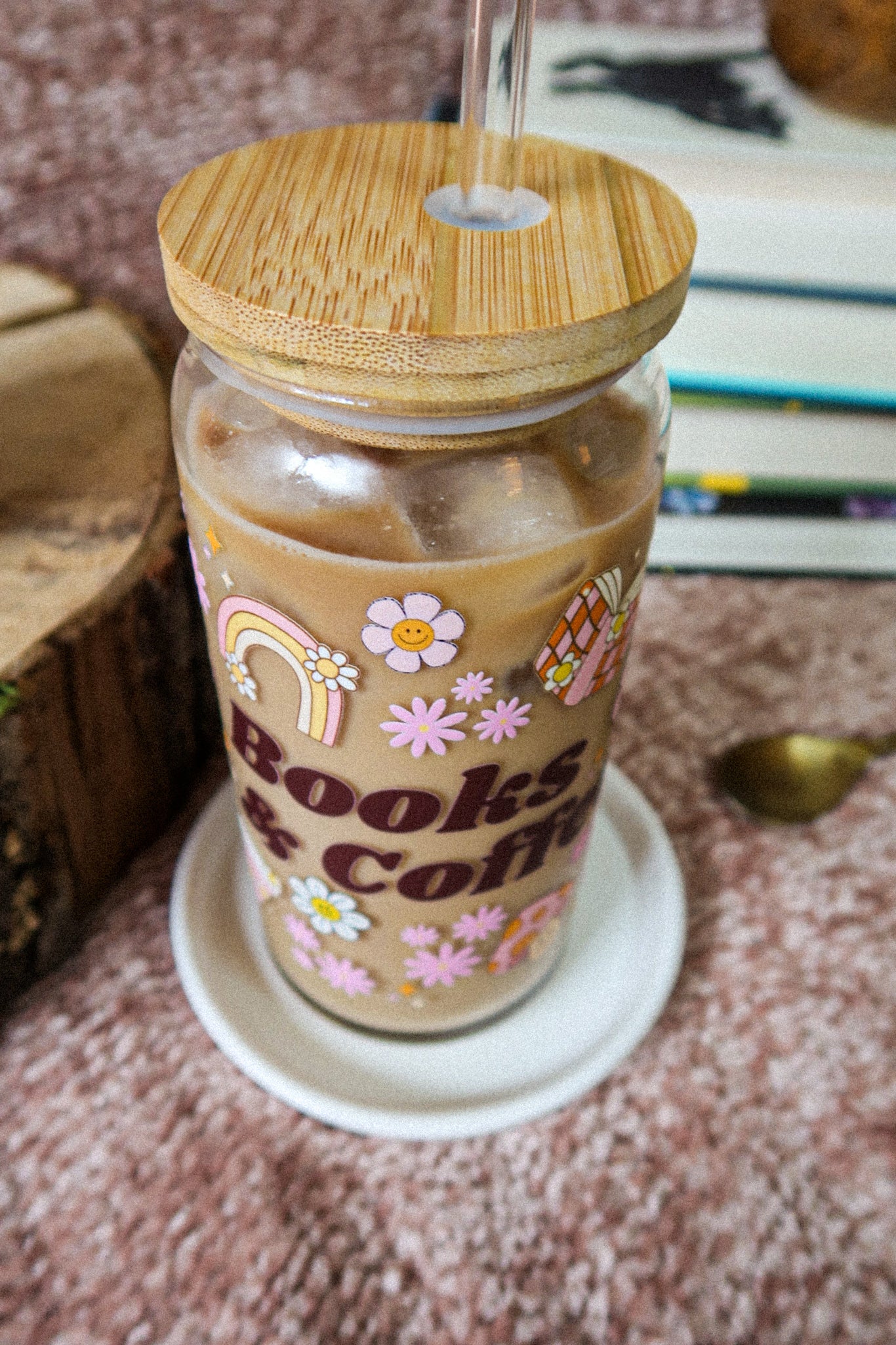 20 oz Glass Can "Books & Coffee"