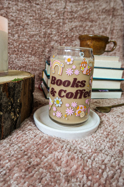 16 oz Glass Can "Books & Coffee"