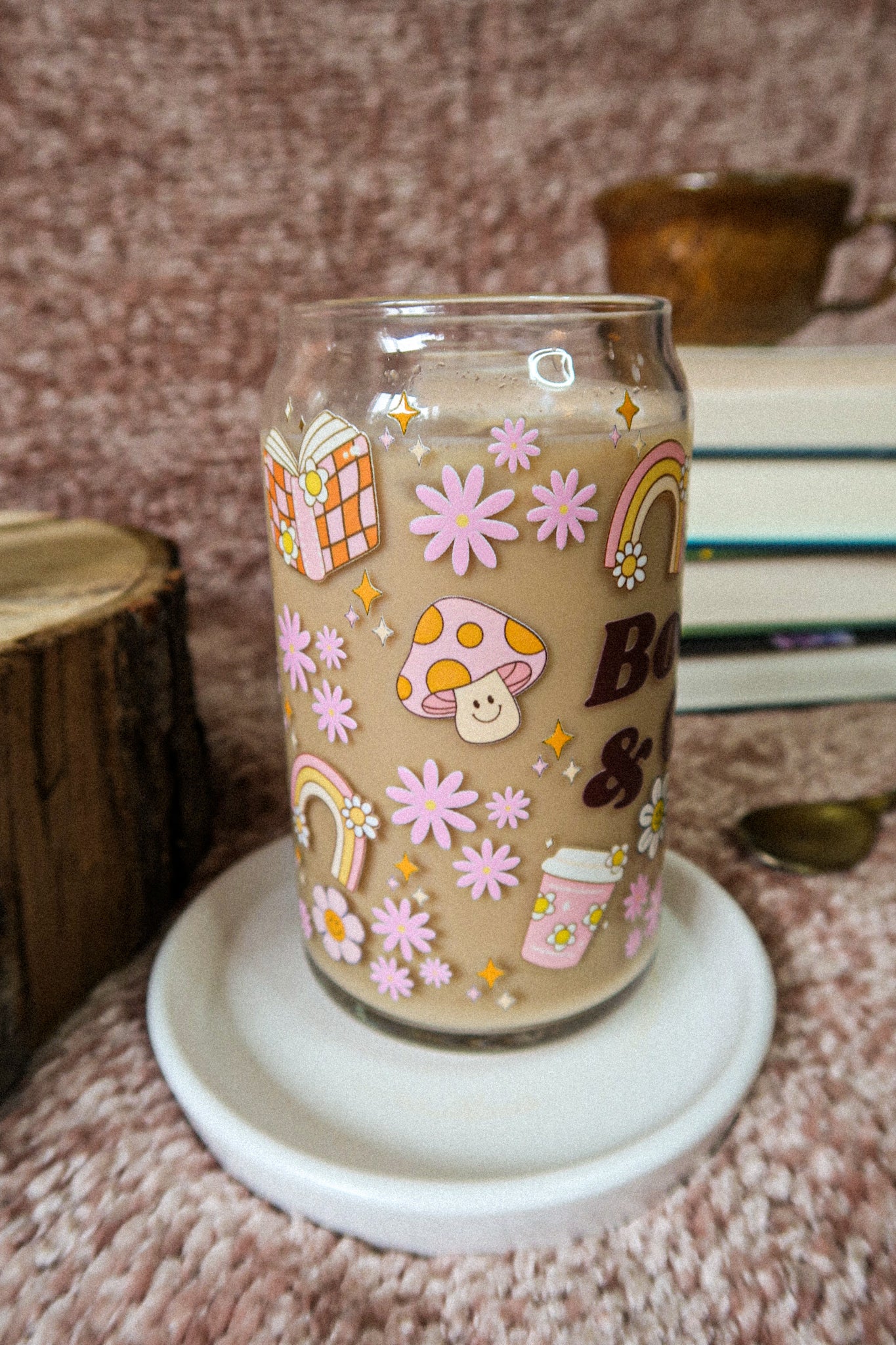 16 oz Glass Can "Books & Coffee"