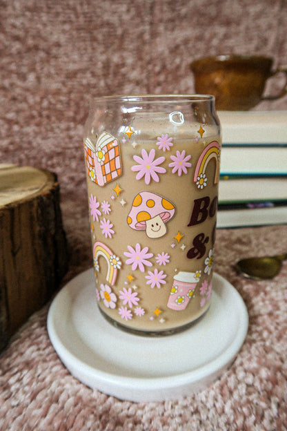 16 oz Glass Can "Books & Coffee"