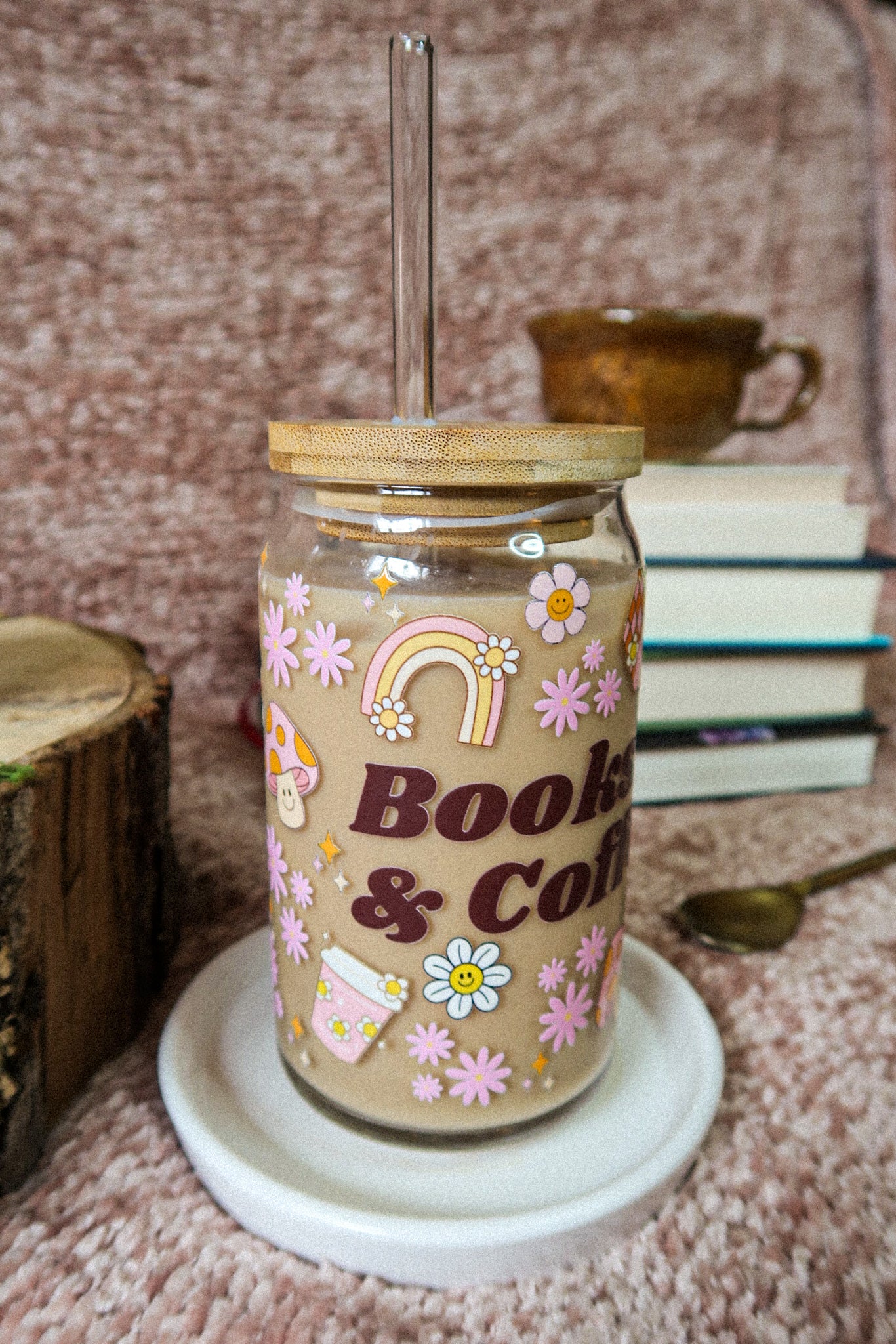 16 oz Glass Can "Books & Coffee"