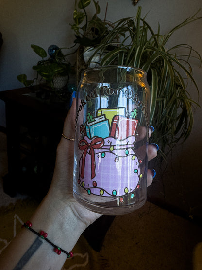 16 oz Glass Can "All Booked for Christmas" Pink Toy Sack