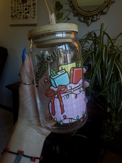 16 oz Glass Can "All Booked for Christmas" Pink Toy Sack