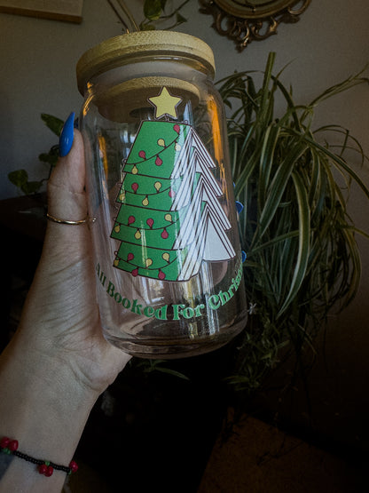 16 oz Glass Can "All Booked for Christmas" Book Tree