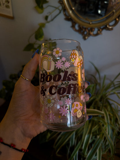 16 oz Glass Can "Books & Coffee"