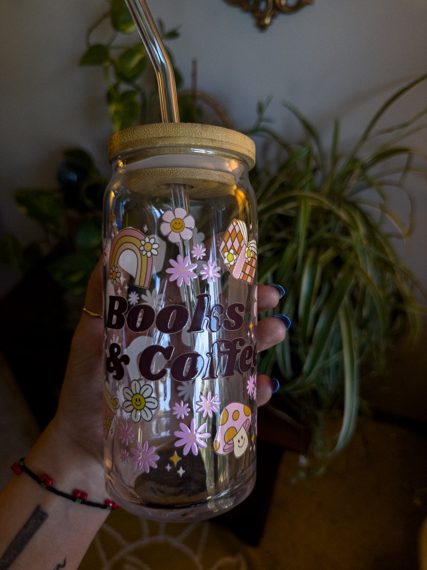 20 oz Glass Can "Books & Coffee"