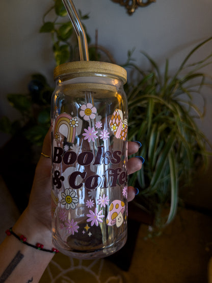 20 oz Glass Can "Books & Coffee"