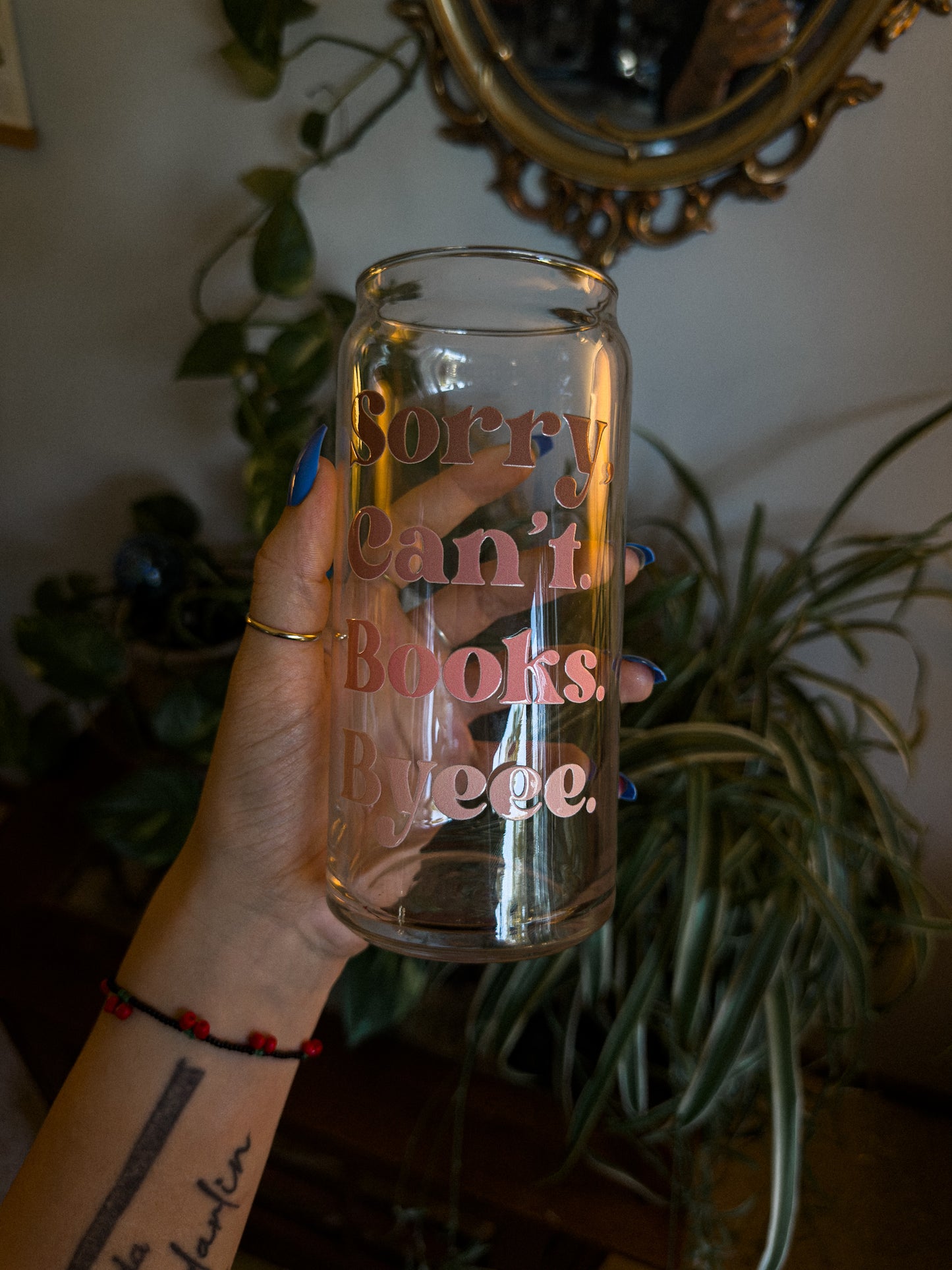 20 oz Glass Can  PINK "Sorry, can't. Books. Bye"